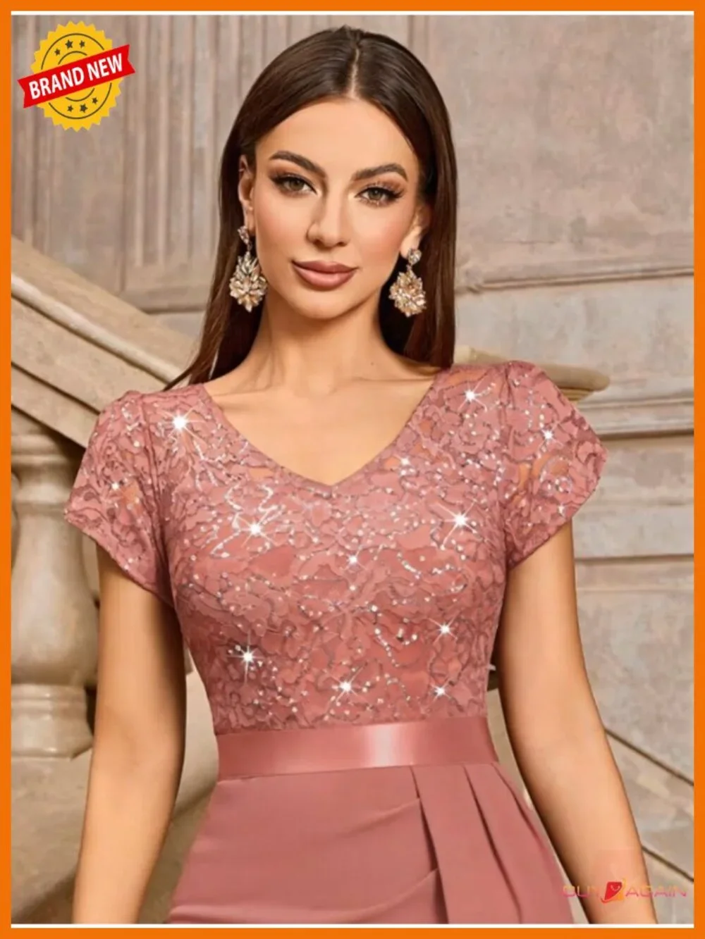V-Neck Sequin Lace Cocktail Party Dress Puff Sleeve Knee Length